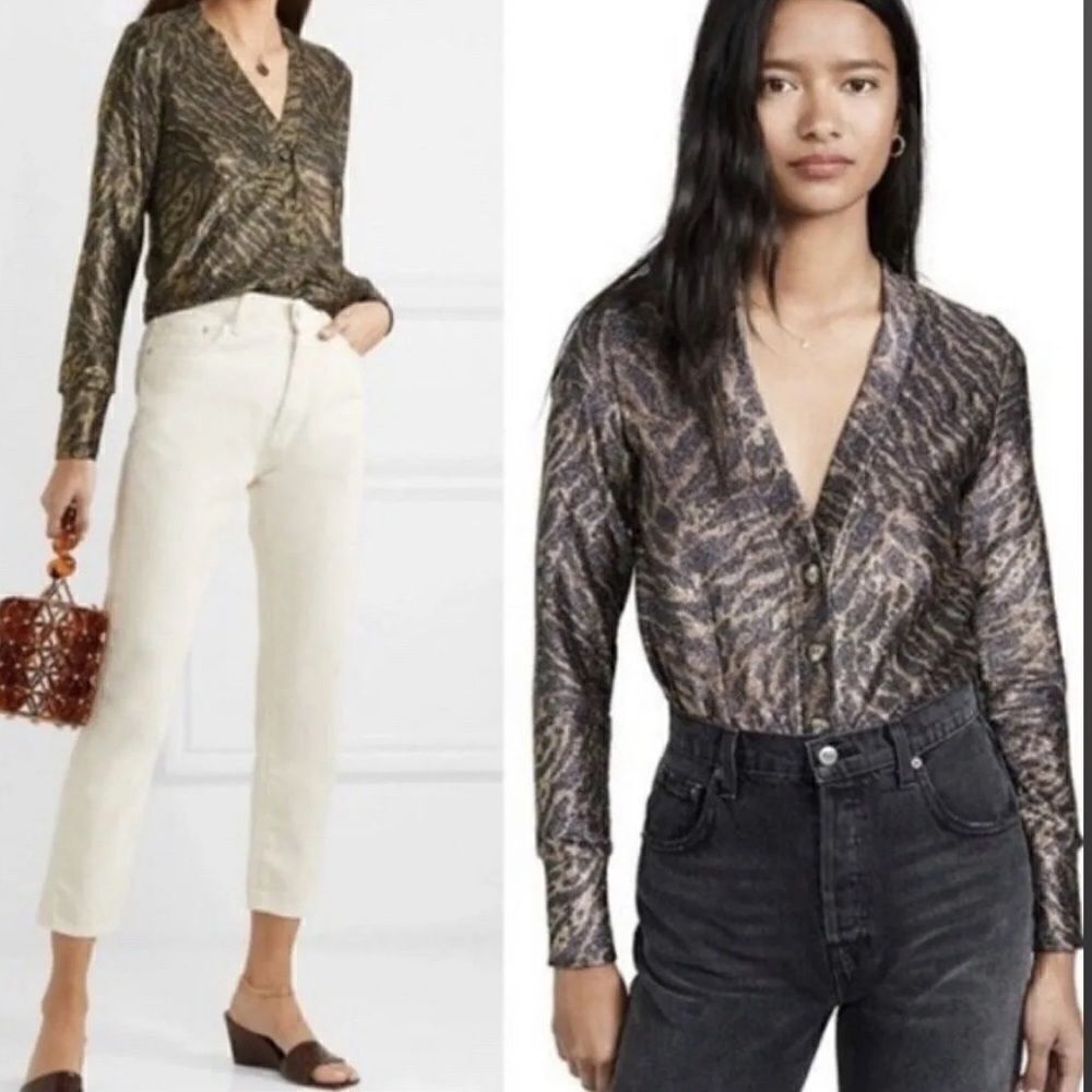 NWT GANNI Metallic Jersey Animal Print Cardigan Top